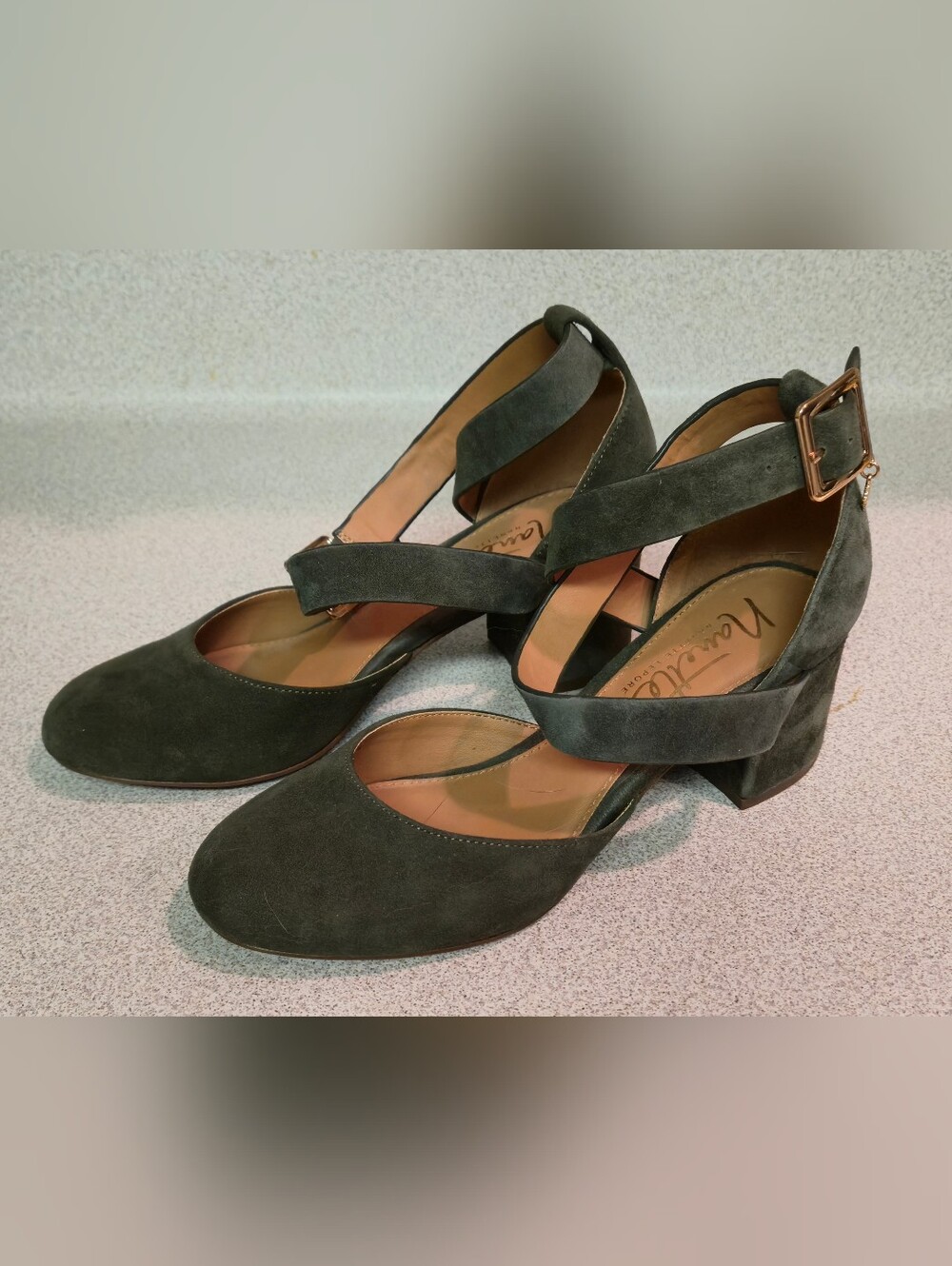 Nanette Lepore Olive Green Suede Cross-Strap Block Heels